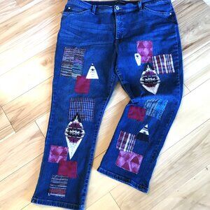 Upcycled Patchwork Jeans, Size 18: Aztec Tribal Cropped Pants, Southwest Native